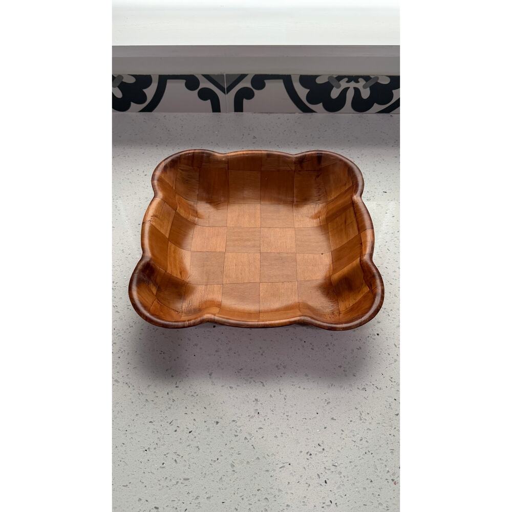 VINTAGE Patchwork Checkerboard Pattern Wooden Bowl Scalloped Edges